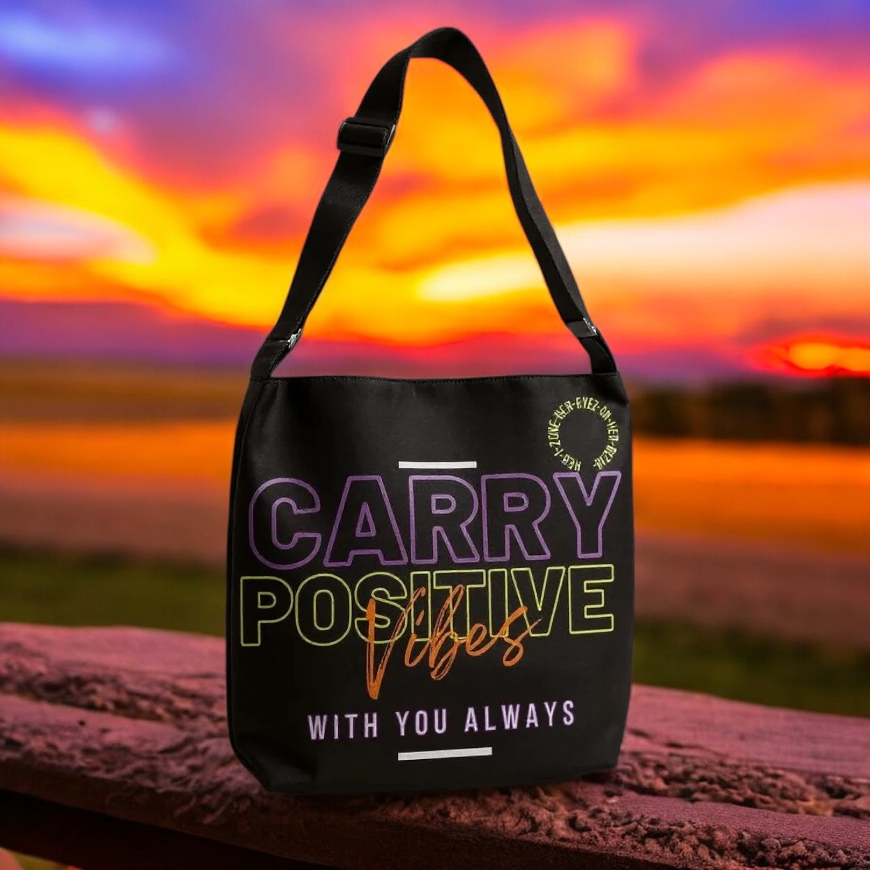 Carry Positive Vibes Adjustable Tote Bag (Purple + Yellow + Orange)