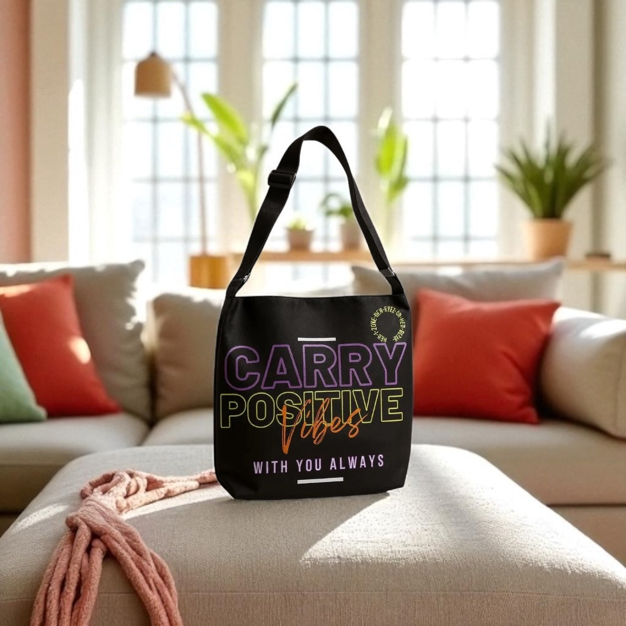 Carry Positive Vibes Adjustable Tote Bag (Purple + Yellow + Orange)